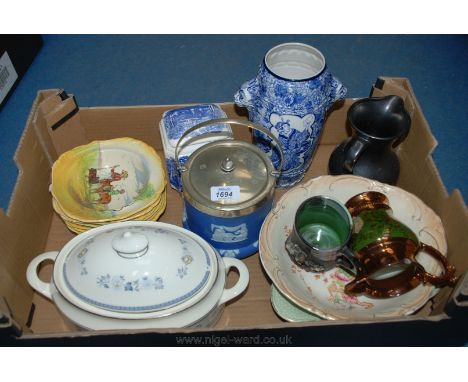 A box of china including Crown Devon Bowl, Minton Vegetable Dish with lid, Wedgwood blue Biscuit Barrel, Willow Tea Caddy, Pr