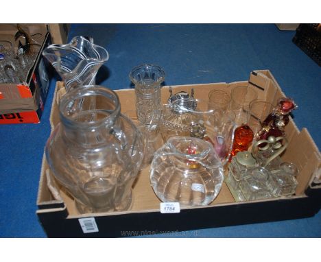 A quantity of glass including Sweet Jar, tall candy swirl Vase, two small Oil Lamp bases, Wedgwood squirrel Paperweight, etc.