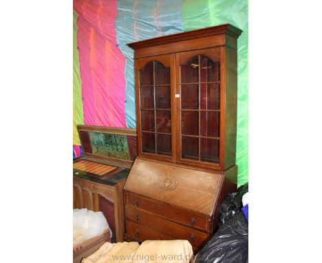 An Edwardian Mahogany Bureau Bookcase, moulded cornice over pair of opposing, eight pane glazed doors, opening to reveal thre