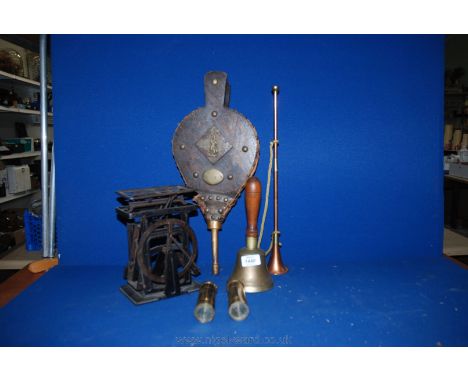 A pair of Bellows, a set of pendulum weights, a pair of metal scales, old school bell and a Bugle