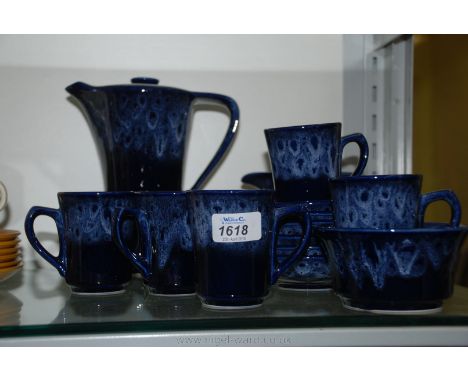 A blue pottery Coffee Set comprising six Mugs and saucers, Milk Jug, Sugar Bowl and Coffee Pot