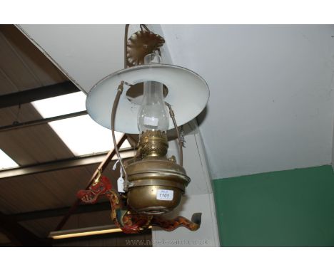 An Edwardian hanging 'Harp' Oil Lamp