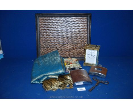 A quantity of miscellanea including three Hip Flasks, a Brass Carriage Clock, an old corkscrew, wooden tray, scarf, etc.