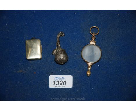 A continental white metal Vinaigrette in the form of a fruit, a pair of gilt metal Lorgnettes and gold plated Snuff Box with 