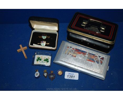 Miscellaneous enamel Badges, Naval cigarette Case from the Middle East, etc.