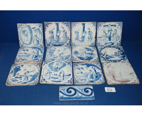 Twelve 18th c, Delft reclaimed Tiles, mostly Bristol depicting Biblical and other scenes, (eleven blue and white, one Mangane