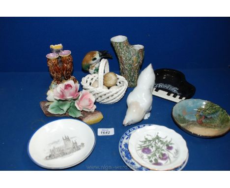 A Lladro chicken, a Spill Vase in the form of two owls by a tree stump, a tree stump Vase, small Royal Doulton Dish, a/f, Wor