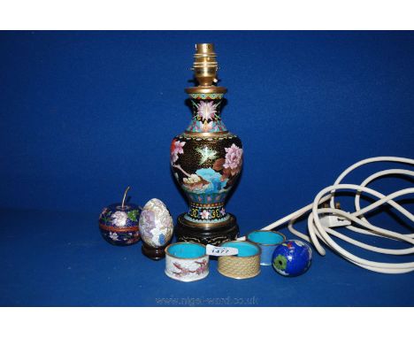 A quantity of enamelled items including Table Lamp, Trinket Pot in the shape of an apple, Napkin Ring, etc