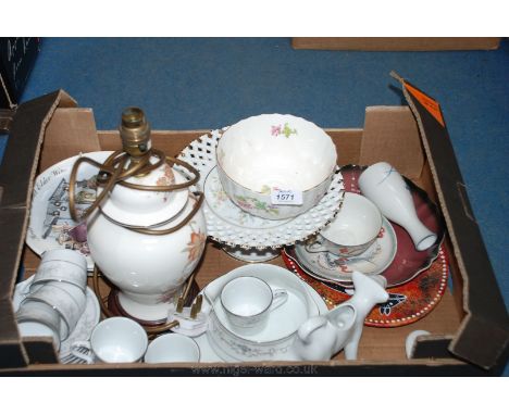 A quantity of china including a Coalport floral dish, a part Noritake Sweet Leilani coffee set, floral lamp base, Wedgwood pl