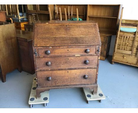 19th century oak bureau with fitted interior above three drawers on bracket feet H106.5cm W90cm D48.5cm