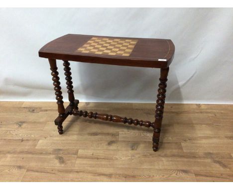 Mahogany chess top games table, rounded rectangular inlaid top on bobbin turned understructure, 78cm wide x 40cm deep x 65cm 