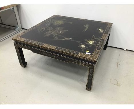 Chinese black lacquered and chinoiserie decorated coffee table, 91cm square x 40cm high, together with a pair of matching lam