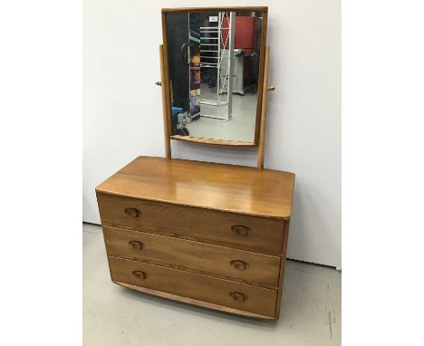 Ercol golden dawn elm dressing chest, with swing mirror and three graduated drawers, 92cm wide x 49cm deep x 135cm high