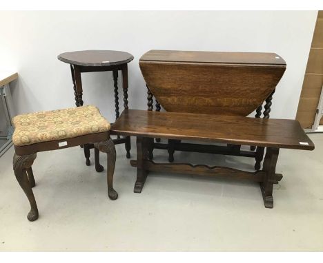 Group of furniture to include an oak bench, 107cm wide x 41cm high x 34cm deep, 1930s oak oval gateleg dining table on barley