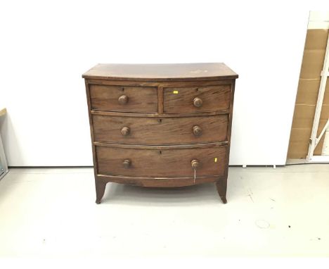 Small 19th century mahogany bow front chest of two short and two long drawers on splayed bracket feet, 90cm wide x 48cm deep 