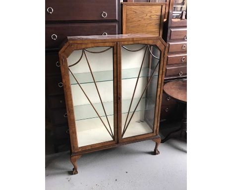 Art Deco walnut veneered display cabinet with glass shelves enclosed by two glazed doors 87cm wide x 124cm high x 31cm deepCo