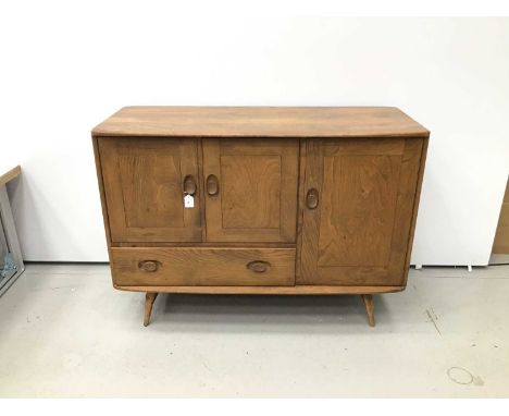 Ercol folder dawn elm sideboard, enclosed by three cupboard doors with drawer below, 114cm wide x 48cm deep x 52cm highCondit