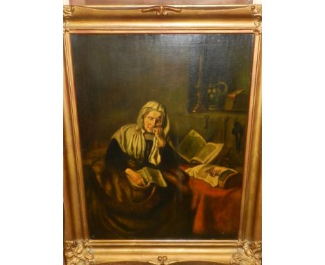 After Nicolaes Maes, Portrait of a Sleeping Elderly Woman, oil on canvas, signed lower right. H: 80cm  W: 60cm