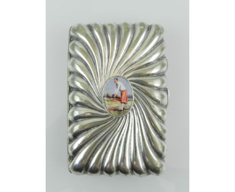 A novelty silver plated golf scoring card case, having twisted lobed decoration, inset enamel plaque depicting golfing scene.