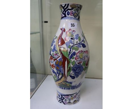 Large late 19th century Masons vases in baluster form with oriental pheasant decoration with polychrome colour scheme (46cm) 