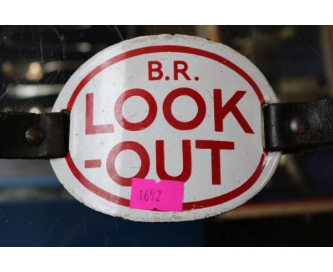 Original British Rail 'Look Out' Enamel armband on leather strap 