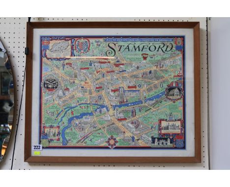 Framed 1950s Framed map of Stamford Lincolnshire by Wilfred R Wood 66 x 53cm 