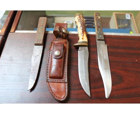Schade of USA Antler handle knife in Leather scabbard and 2 other knives 