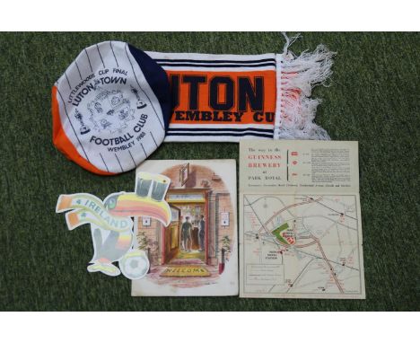 1988 Luton Town Littlewoods cup final hat and scarf &amp; vintage Guinness factory tour map &amp; poster. 