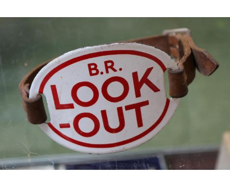 Original British Rail 'Look Out' Enamel armband on leather strap 