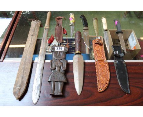 Collection of assorted Vintage Knives inc. Ceremonial Knife in carved wooden scabbard etc 