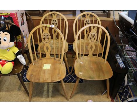 Set of 4 Ercol 1960s Light Elm Windsor dining chairs with embossed marks to base 