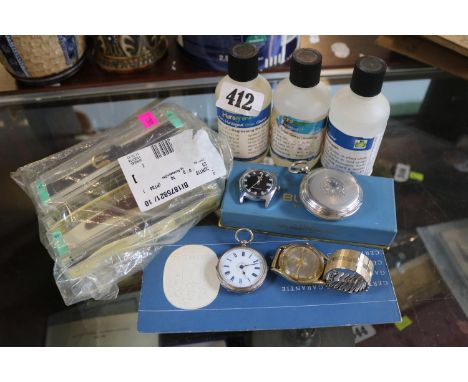 Buren Wristwatch, 2 Silver pocket watches, Timex watch with assorted watch straps and cleaning fluids 