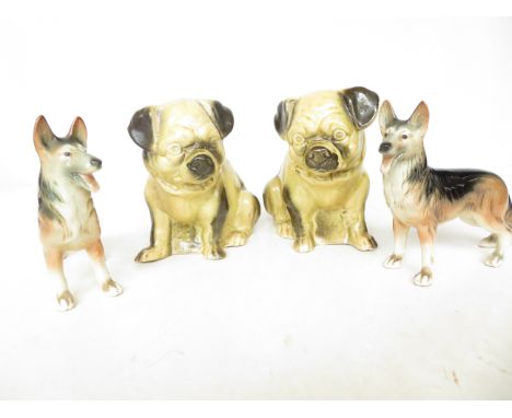 Pair of early ceramic pugs &amp; pair of ceramic German shepherds 