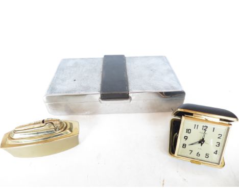 Art deco box &amp; contents together with a Ronson table lighter &amp; travel clock 