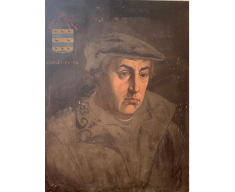 [?] Portrait of A Gentleman. Oil on bevelled oak panel. With family crest and motto 'omnia puta'. Inscribed upper right 'Ano 
