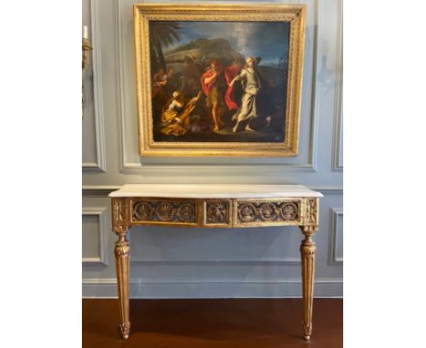 A Northern Italian serpentine carved gilt-wood console table (late 18th century). Pierced wheat sheaf frieze with later white