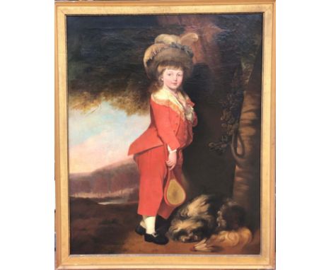 [Δ]&nbsp;Full-length Portrait of a Boy in Red, holding a badminton racquet beneath a tree, a dog asleep at his feet with a sh