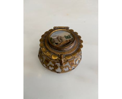 An Imperial Hard-stone and Metal Filagree Inkwell with A Painted Miniature Atop of An Imperial Building (Flying The Tricolore