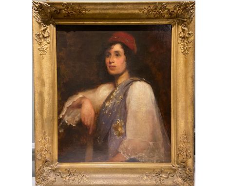 A Portrait of an Greek Lady in a Red Hat. European School, mid-19th Century. Oil on canvas. In a gilded frame. Dimensions: (F