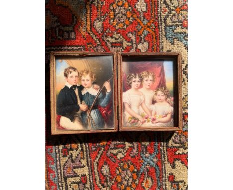 [?] Property of a GentlemanTwo Pairs of Turnbull Family Portrait Miniatures. [a] In one case. One of two brothers holding a b