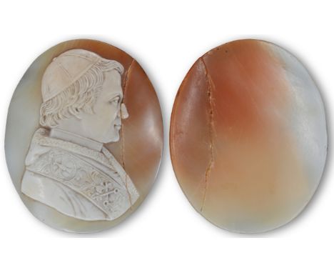 A Carved Shell Cameo Portrait of Pope Pius IX. 19th Century. The shell (Cypraecassis rufa - red helmet shell) is from the loc