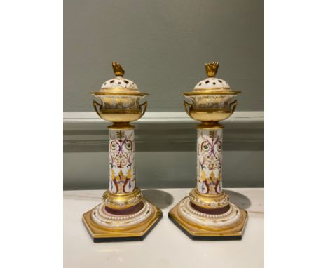 A very rare, early pair of Barr Flight &amp; Barr Worcester porcelain gilded and painted perfume burners. Each inscribed to t