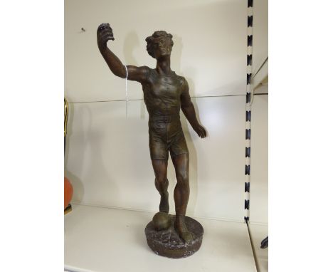 VINTAGE SPELTER FIGURE OF A FOOTBALLER  48 CMS 