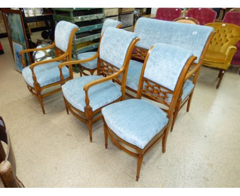 EDWARDIAN SALON SUITE COMPRISING OF 2 SEATER SOFA, 2 ARMCHAIRS & 2 SALON CHAIRS, REUPHOLSTERED