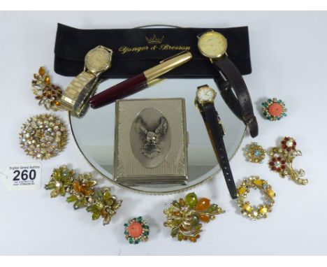 QUANTITY OF COSTUME JEWELLERY, WATCHES, + PARKER PEN & HARLEY DAVIDSON CIGARETTE CASE