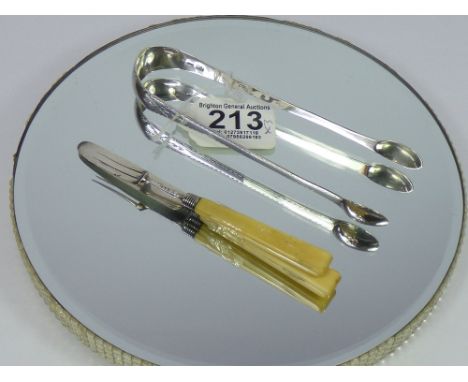 PAIR OF GEORGIAN SILVER BRIGHT CUT TONGS + GEORGIAN SILVER CHILDS KNIFE & FORK