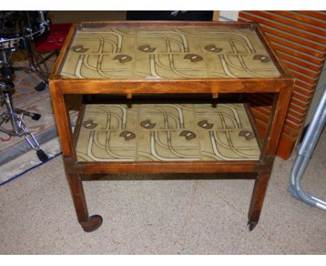 MID CENTURY FRENCH DRINKS TROLLEY WITH TILE TOPPED SHELVES