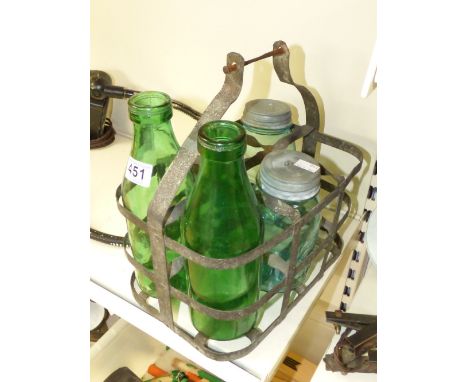 VINTAGE MILK BOTTLE CARRIER + 2 MILK BOTTLES & 3 STORAGE JARS