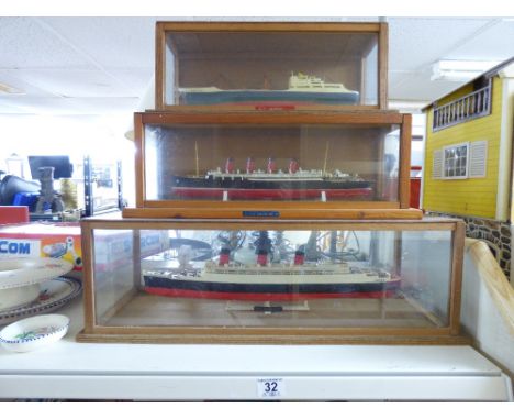 3 MODEL BOATS IN DISPLAY CASES