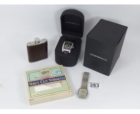 BOXED EMPORIO ARMANI GENTLEMANS WATCH, LORUS QUARTZ GENTLEMANS WATCH, HIP FLASK & VINTAGE PLAYERS TOBACCO BOX CONTAINING 2 ME